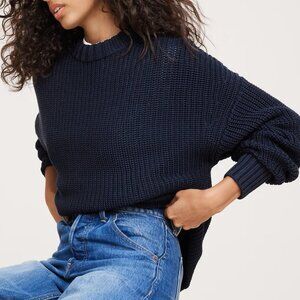 NWT! Banana Republic $120 Navy Blue Oversized Chunky Crew-Neck Cotton Sweater XS